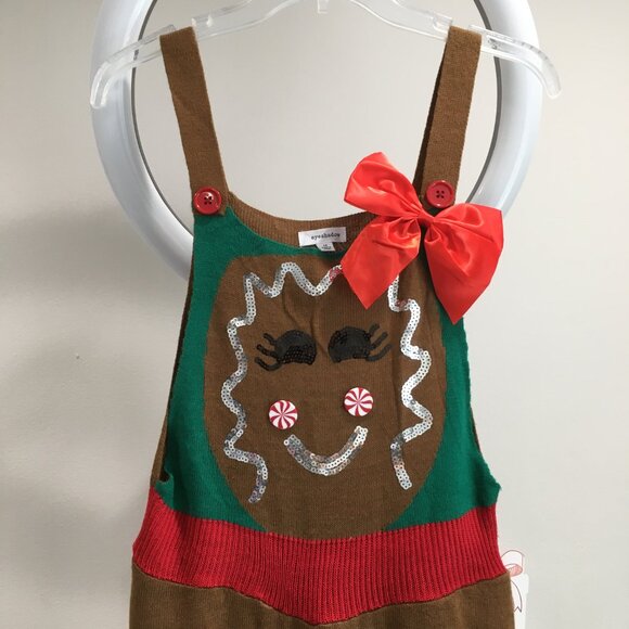 NWT EYESHADOW Gingerbread Woman Cookie Peppermint Mitten Christmas Knit Overalls - Picture 5 of 16